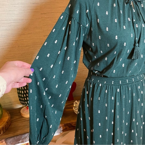 Garnet Hill Ruffled Split Neck Dress Size Small Long Sleeve Green Silver Cotton - Picture 5 of 8